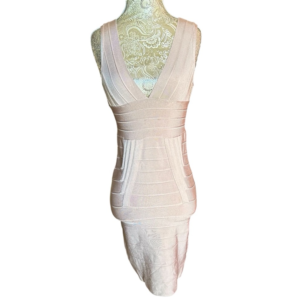 Sexy Stretch Beige Cream Heavy Bandage Mini Dress Plunge Neck Club Size Large - Picture 4 of 10